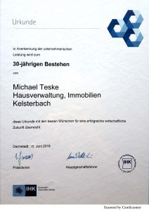 Teske Immobilien 30 Jahre IHK Urkunde 2018